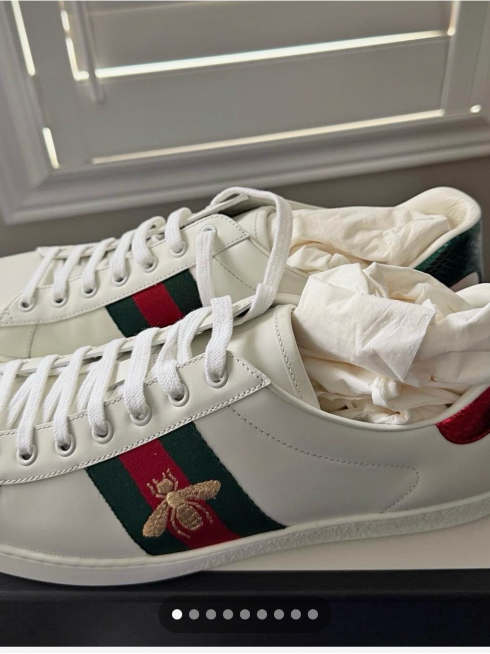 White Leather Sneakers with Green & Red Stripe and Embroidered Bee